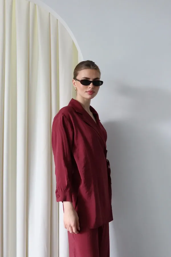 Burgundy Kimono Set with Collar Detail and Tie-Up - 8459 Burgundy Kimono Set with Collar Detail and Tie-Up - 8459