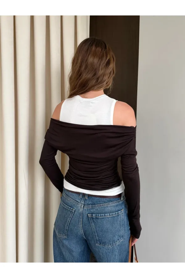 Brown and White Boat Neck Blouse with Tank Top - 0780 Brown and White Boat Neck Blouse with Tank Top - 0780