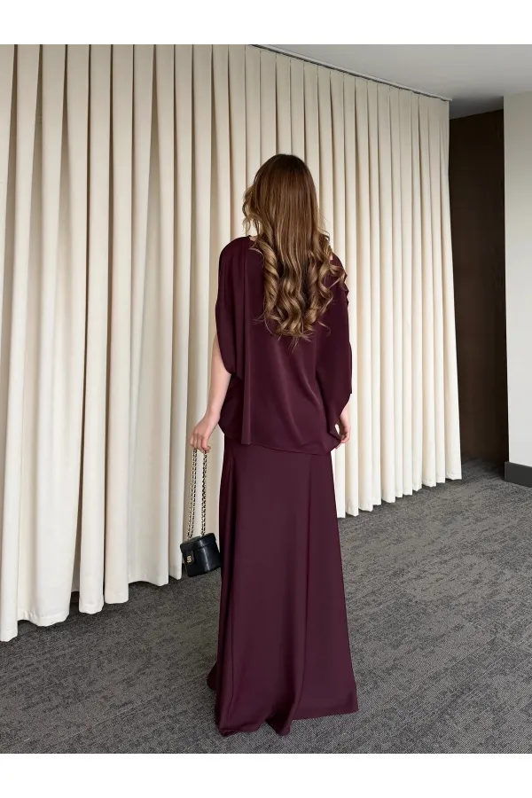 Mürdüm Omuz Drapeli Saten Bluz Etek Takım - 8005