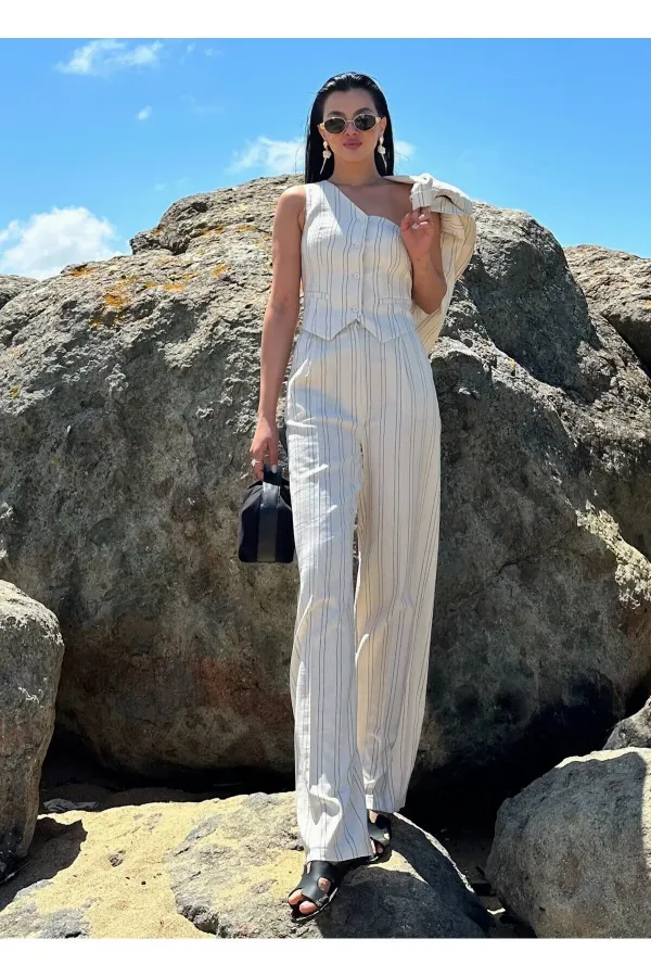 Natural Black Striped One-Shoulder Vest and Trousers Set Natural Black Striped One-Shoulder Vest and Trousers Set