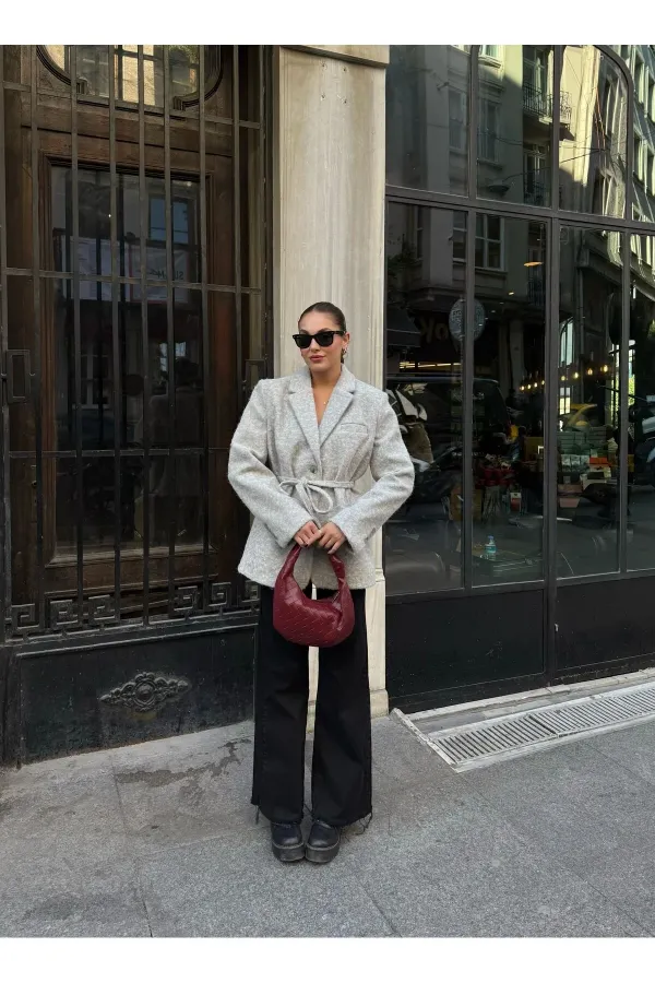 Veste Blazer en Cachemire Ceinturée Bouclé Gris - 7368