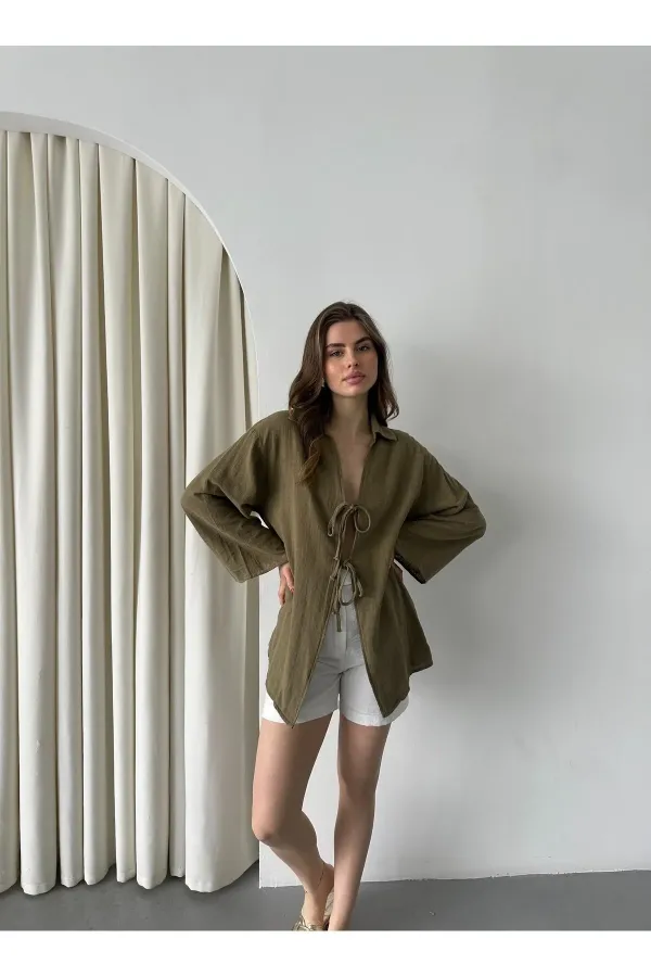 Olive %100 Keten Bağcık Detaylı Kimono Bluz - 5218