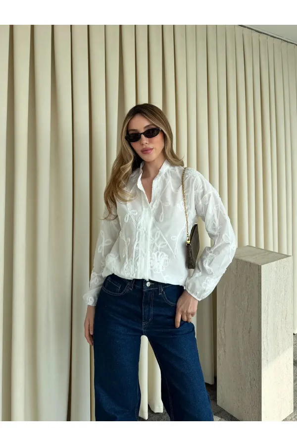 Ekru Kolu Lastikli Nakışlı Gömlek - 4231