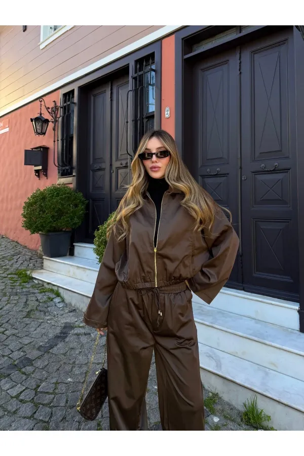 Kahverengi Bomber Saten Ceket Pantolon Takım - 9663 - 51229