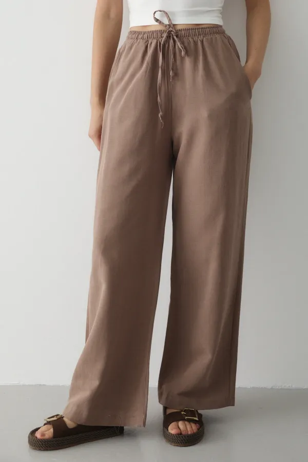 Milk Coffee Wide Leg Trousers with Elastic Waistband - 2813