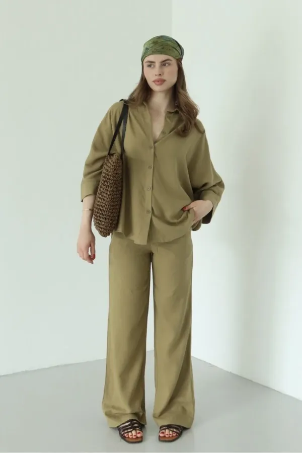 Khaki Lirio Shirt and Pants Set - 8674