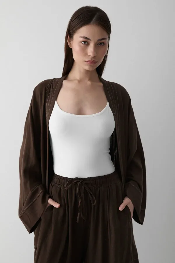 Kahverengi %100 Pamuk Cep Detaylı Kuşaklı Kimono Takım - 8491