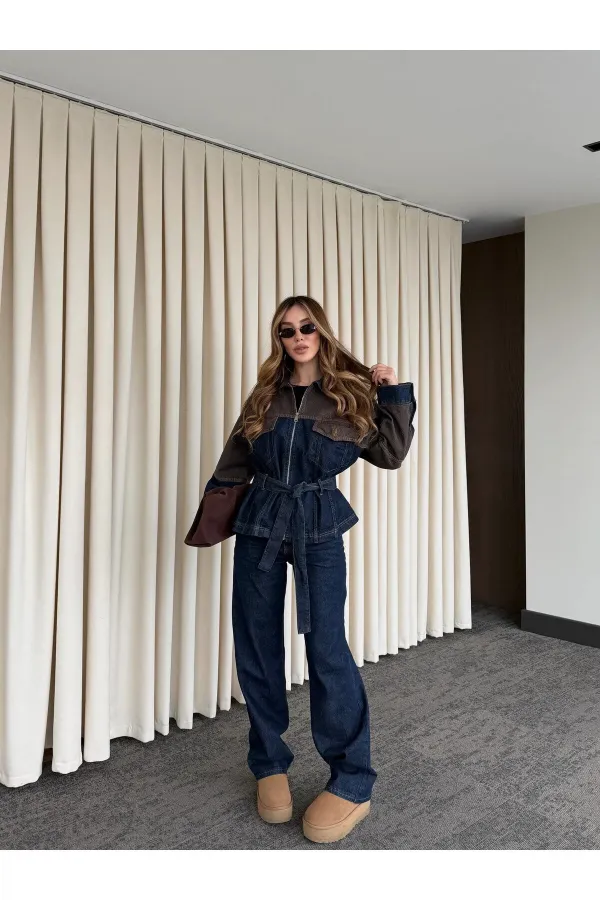 Lacivert - Kahve Bağlamalı Ceket Pantolon Denim Takım - 0836