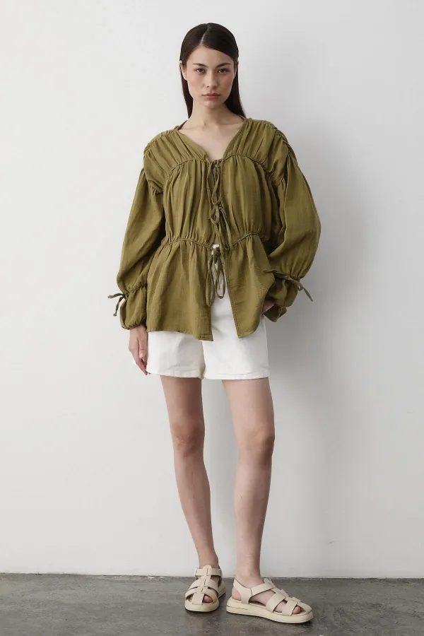 Khaki 100% Cotton Muslin Shirt with Elasticated Sleeves