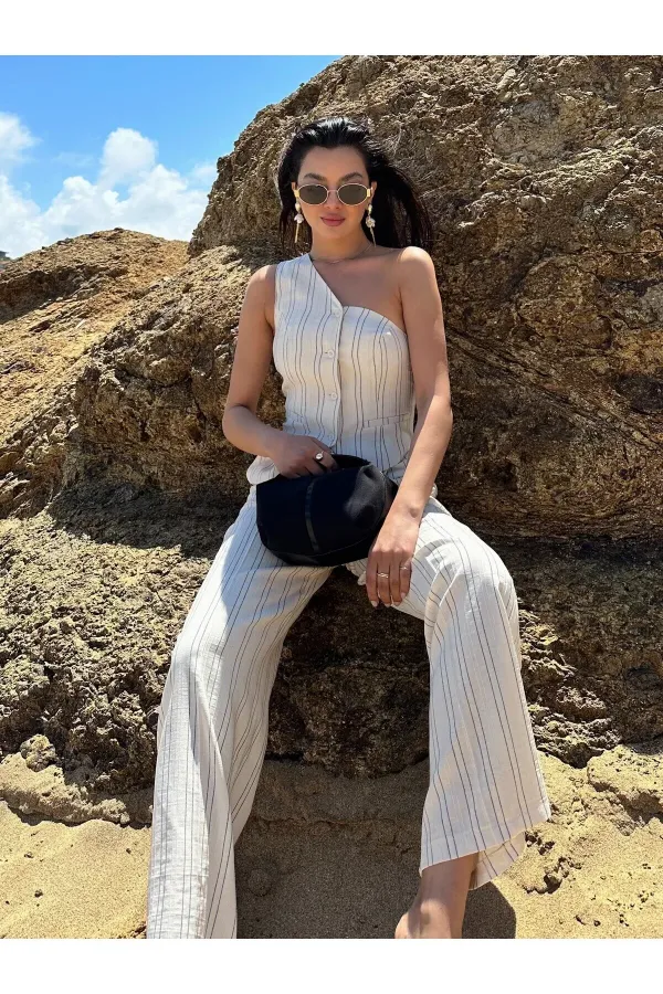 Natural Black Striped One-Shoulder Vest and Trousers Set Natural Black Striped One-Shoulder Vest and Trousers Set