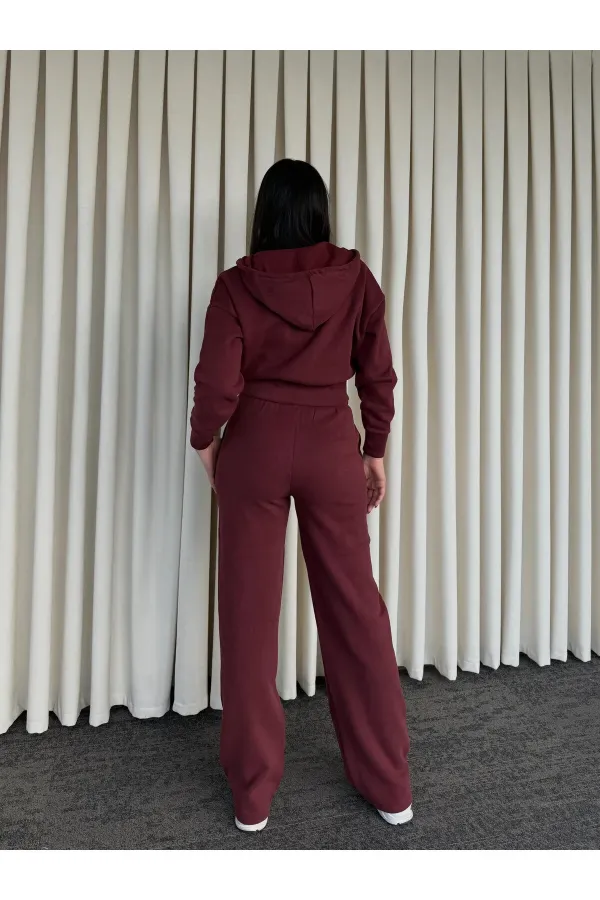 Bordo %100 Pamuk Kapüşonlu Fitilli Takım - 51232