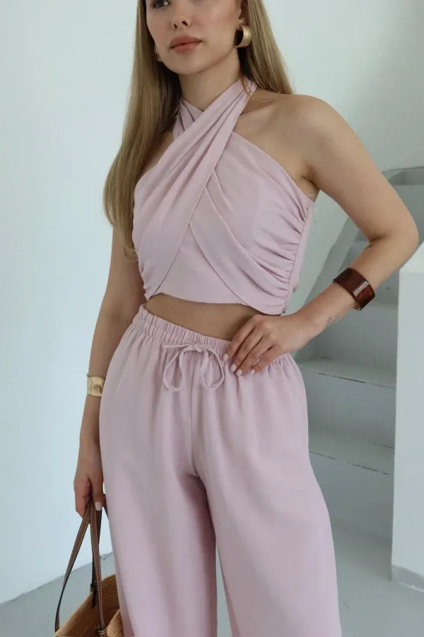 Pink Halter Neck Bustier and Pants Set