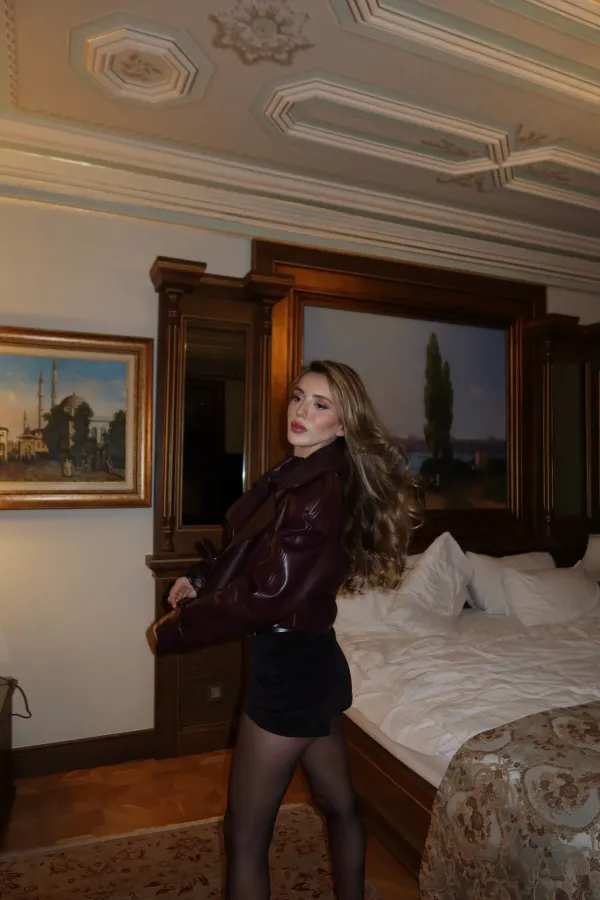 Bordo Apolet Detaylı Tasarım Deri Ceket