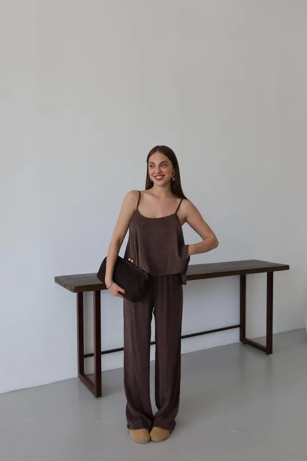 Brown Satin-Look Strappy Blouse and Pants Set Brown Satin-Look Strappy Blouse and Pants Set