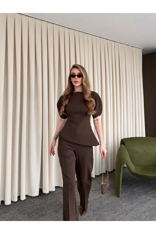Ensemble chemisier et pantalon asymétrique marron à manches ballon - 25194