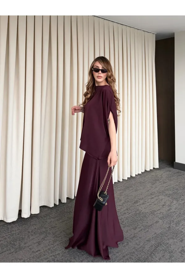 Mürdüm Omuz Drapeli Saten Bluz Etek Takım - 8005