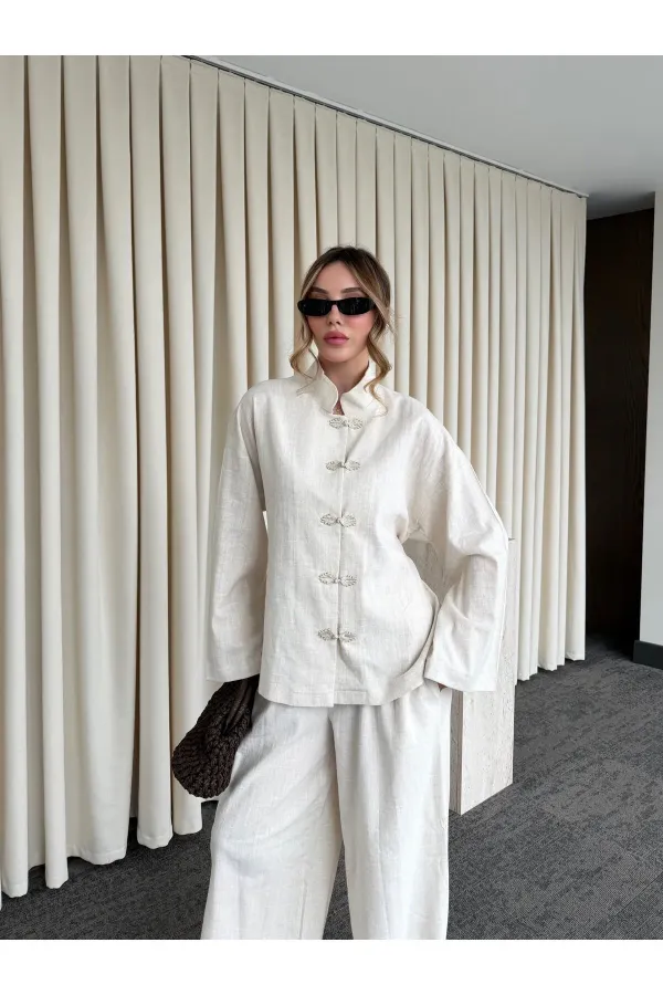 Natural Nakış Düğmeli Kimono Takım - 60624