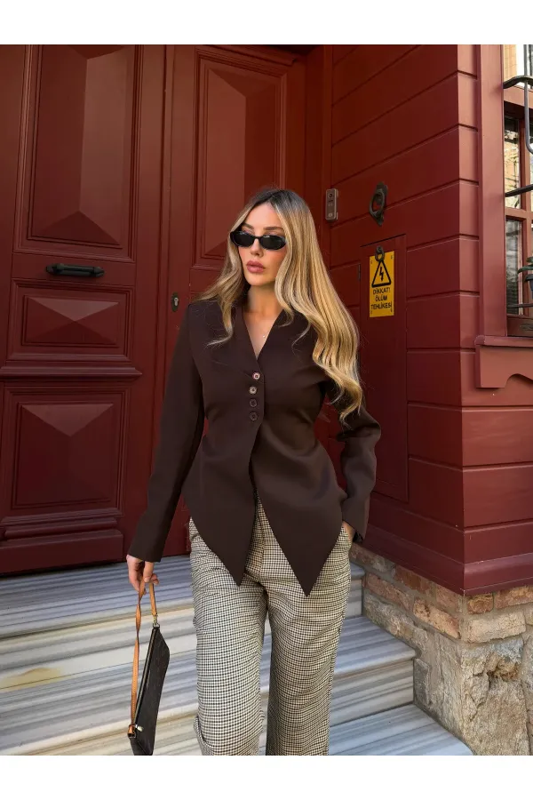 Veste asymétrique marron à ceinture - 3001