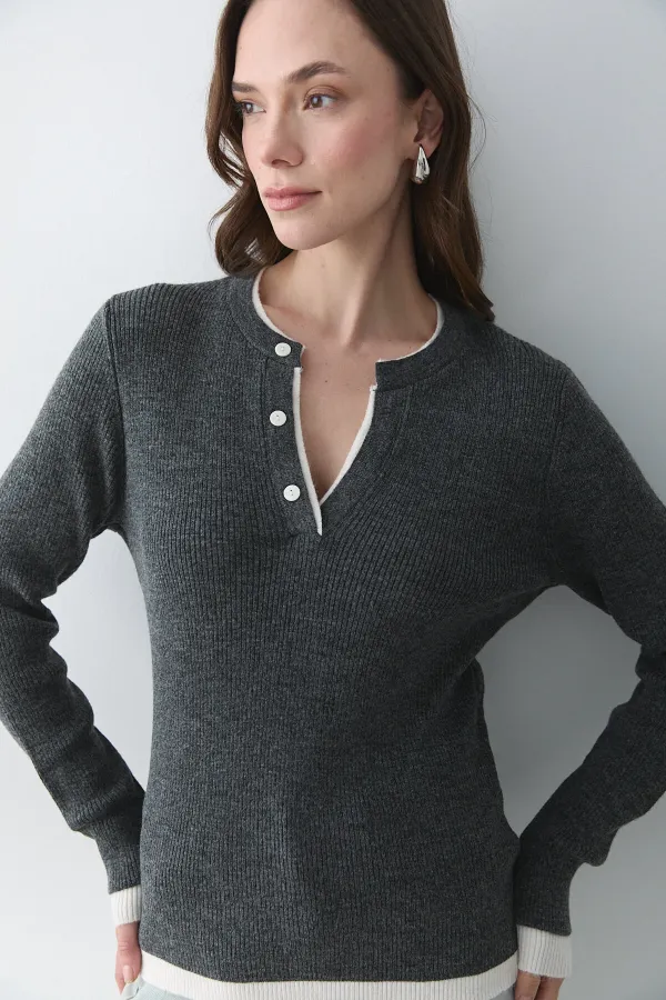 Antrasit - Krem 2 Patlı Düğmeli Kazak - 251023