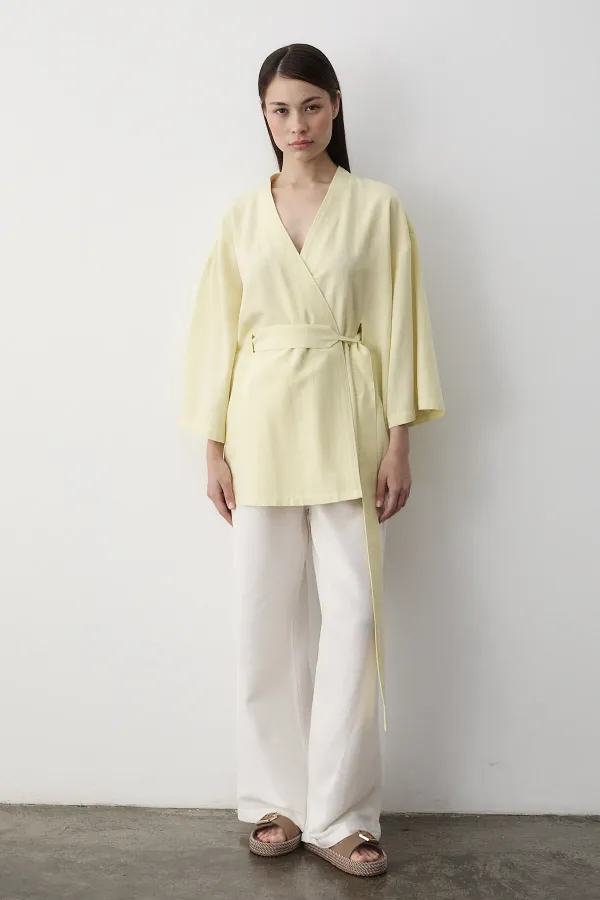 Sarı Iç Kemerli Fakir Kol Kimono - 5383