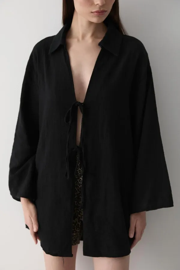 Black 100% Cotton Linen Kimono Blouse with Lace Detail