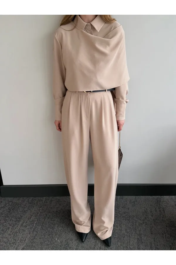 Bej Kemerli Şal Yaka Gömlek Pantolon Takım - 8004