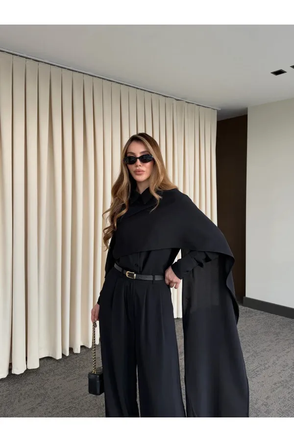 Siyah Kemerli Şal Yaka Gömlek Pantolon Takım - 8004