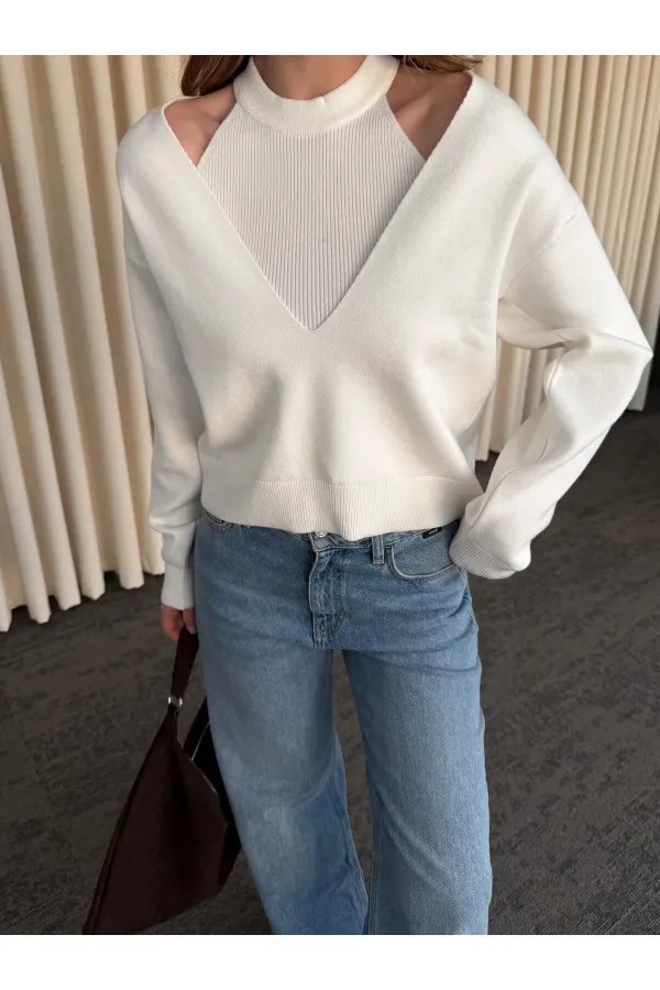 Ekru İkili V Yaka Kazak - 251206