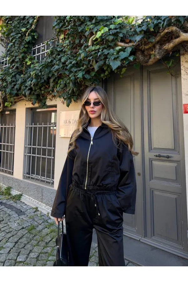 Siyah Bomber Saten Ceket Pantolon Takım - 9663 - 51229