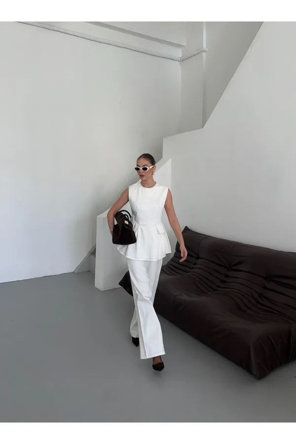 Beyaz Leandra Tasarım Bluz Pantolon Takım