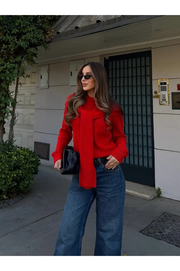 Red Shawl Detail Sweater - 251180