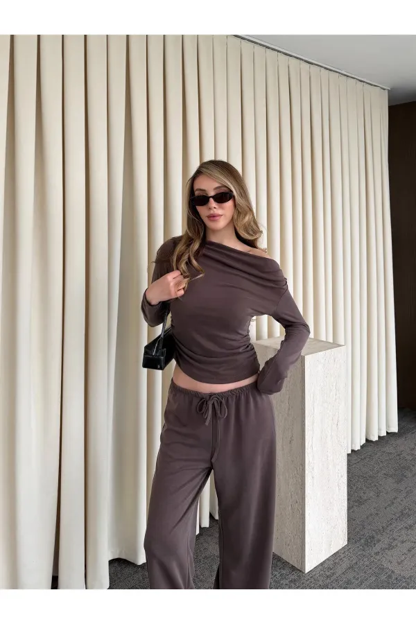 Kahverengi Kayık Yaka Modal İkili Takım - 7323