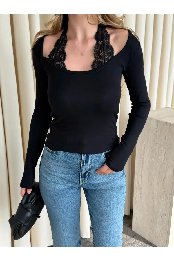 Black Blouse with Lace Neckline - 261017