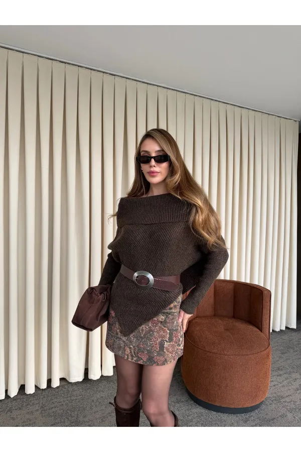 Kahverengi Kayık Yaka Asimetrik Kazak - 251193