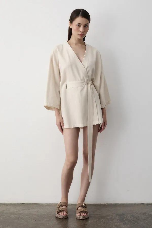 Natural Yarım Kol İçten Kemerli Kimono - 5383