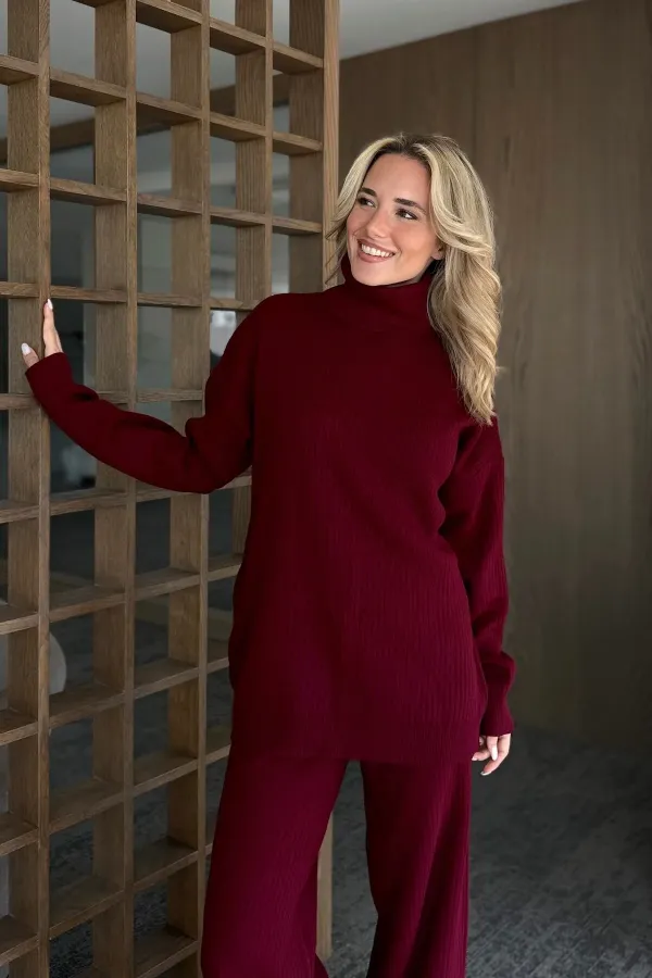 Ensemble col roulé bordeaux en maille côtelée - 4671