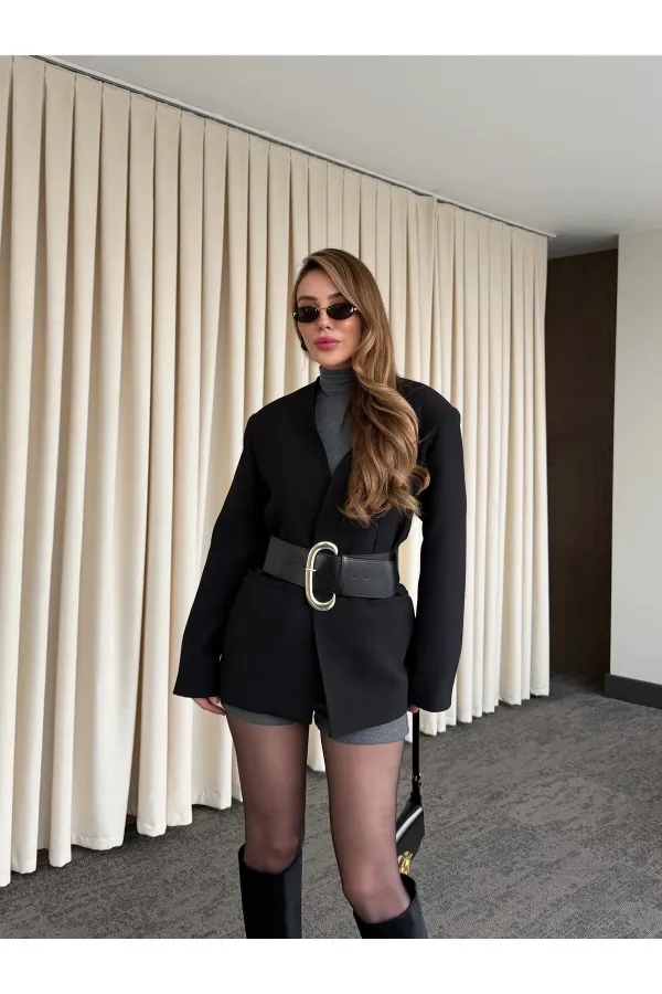 Veste en satin noir ceinturée - 9691