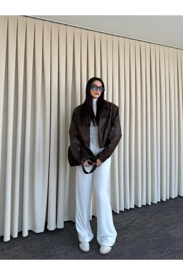 Kahverengi Fermuarlı Deri Ceket - 2617