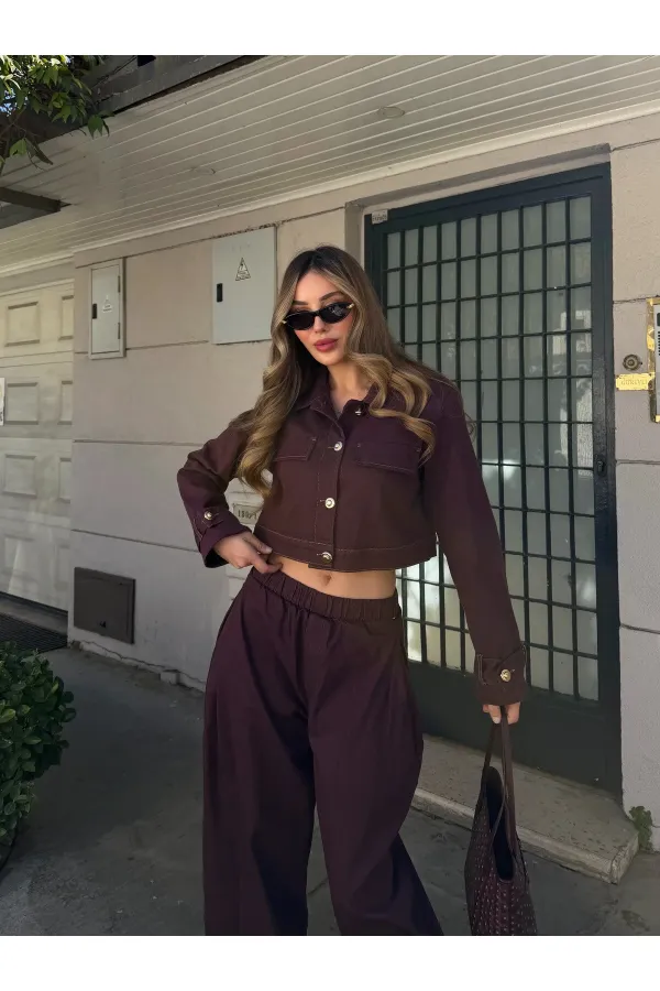 Mürdüm Kot Crop Ceket Pantolon Takım - 51244