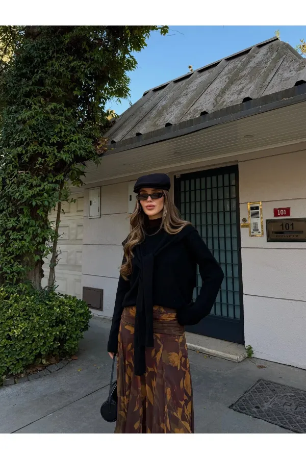 Haki - Sarı Yaprak Desenli Etek - 251101