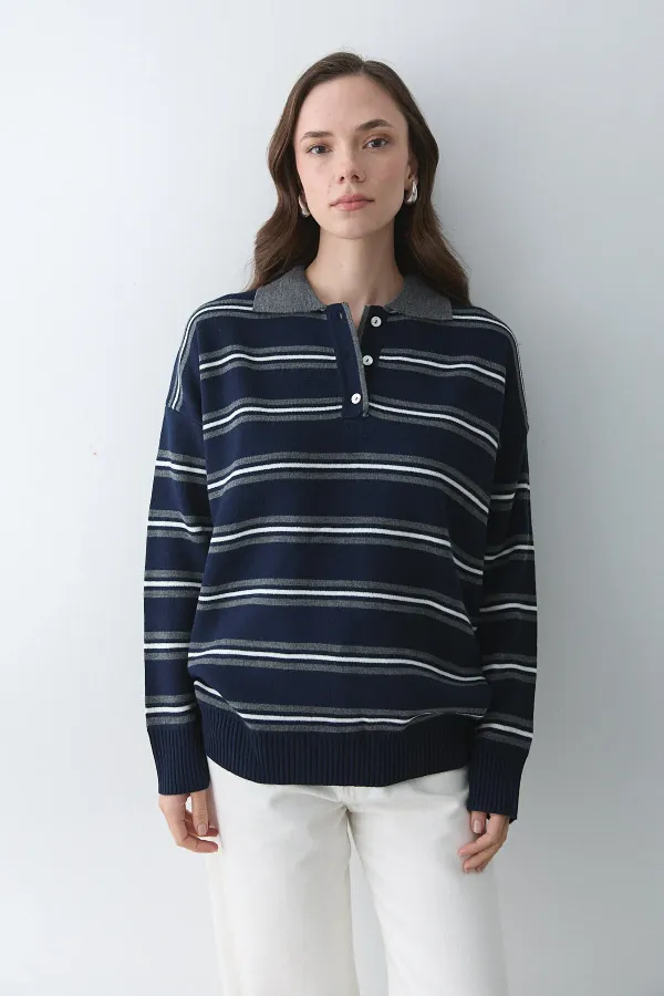 Pull à col polo bleu marine et anthracite - 241248