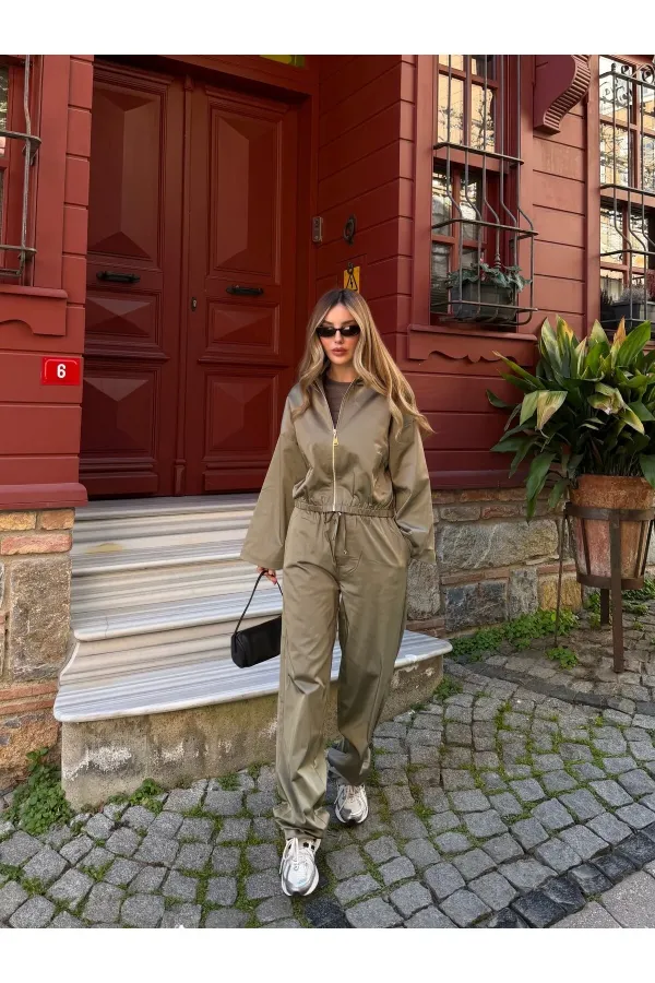 Haki Bomber Saten Ceket Pantolon Takım - 9663 - 51229