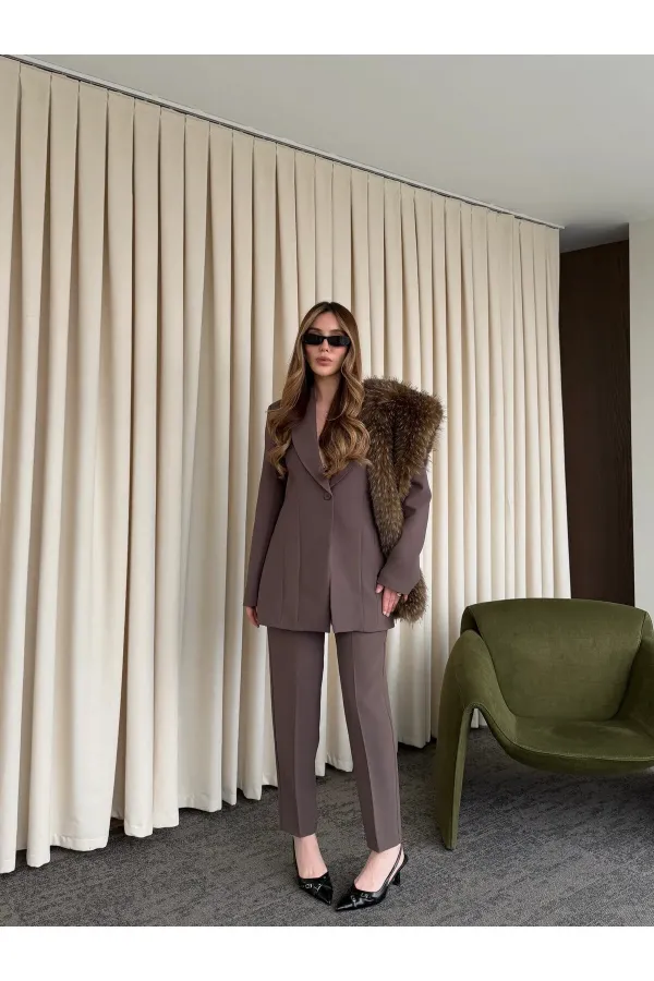Kahverengi Belden Oturtma Blazer Ceket - 9684