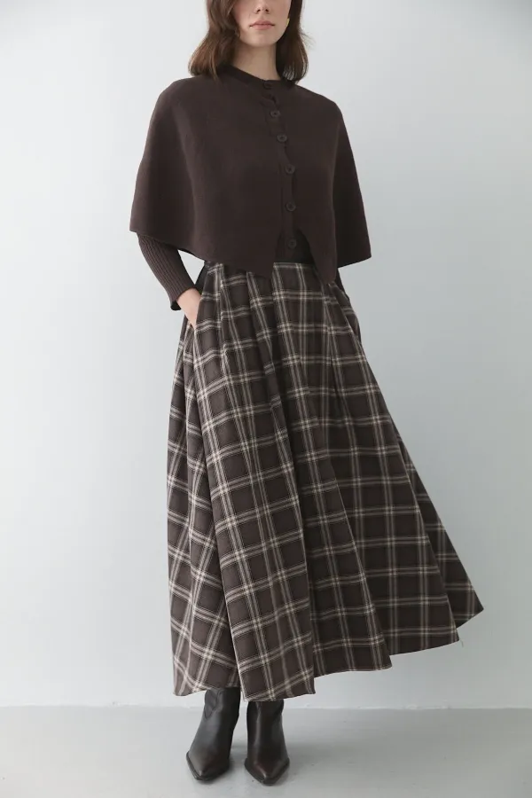 Brown Plaid Skirt with Leather Trim - 4977