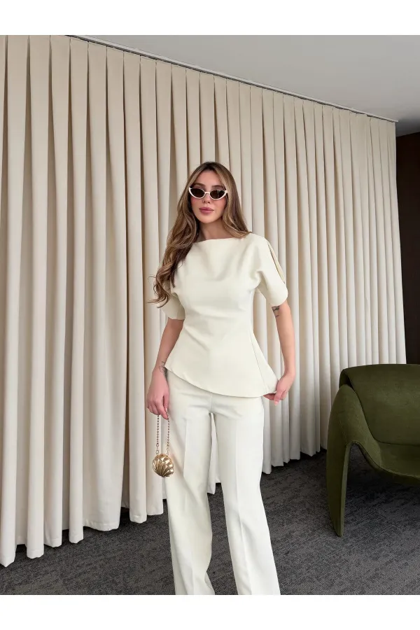 Ensemble chemisier et pantalon asymétrique blanc cassé à manches ballon - 25194