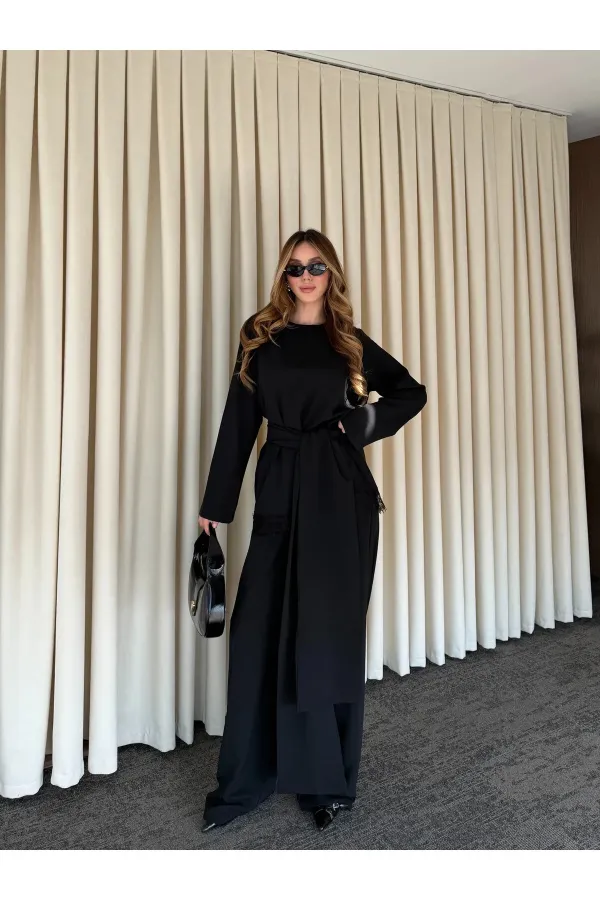 Siyah Kuşaklı Dantel Detaylı Bluz Pantolon Takım - 8006