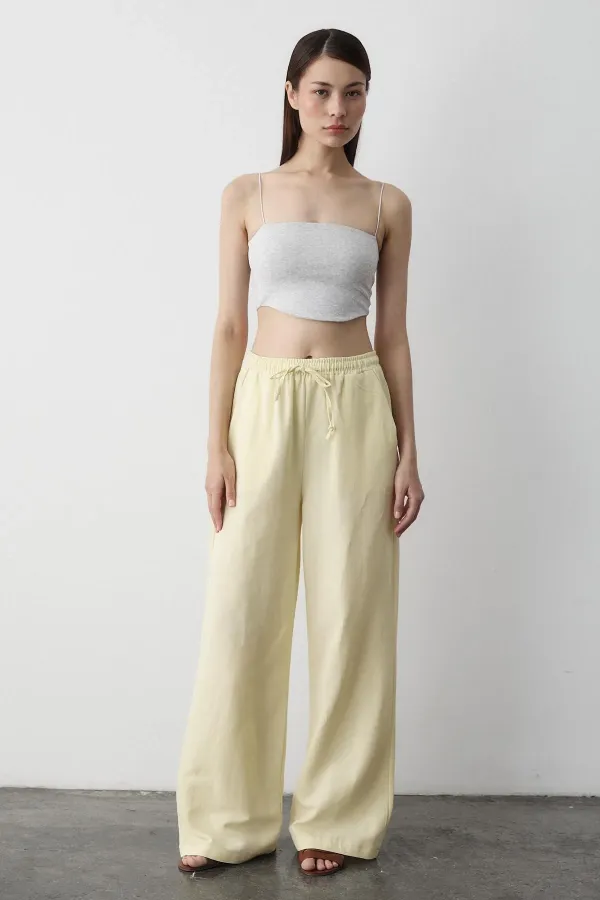 Pantalon jaune en coton et lin avec taille élastiquée