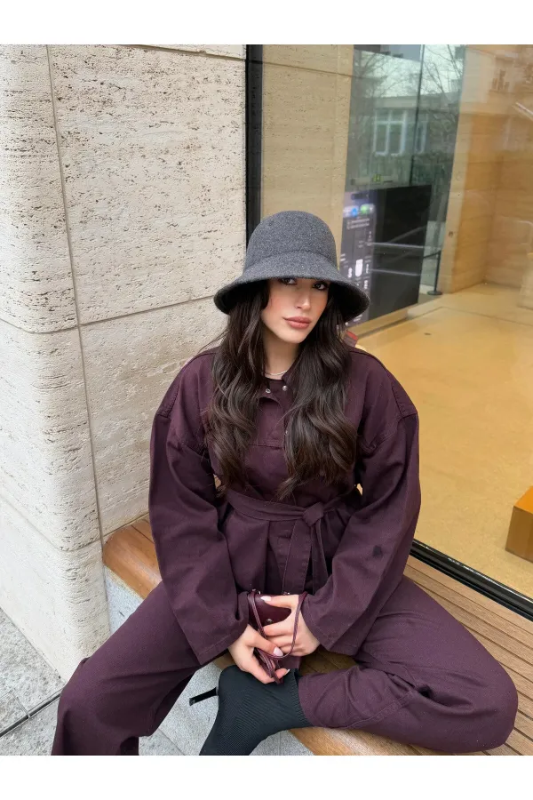 Mürdüm Bağlamalı Denim Ceket Pantolon Takım