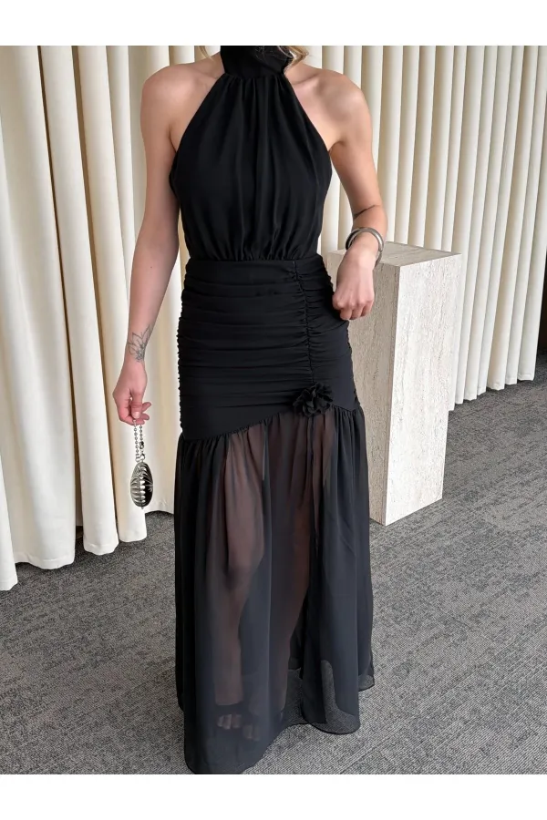 Siyah Gül Detaylı Şifon Elbise - 2485