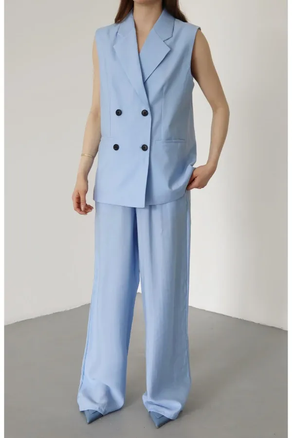 Blue and Black Button-Down Vest and Trousers Set